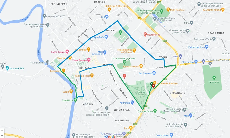 Mapa planirane trase Biciklijade kroz Pančevo, sa startom i ciljem u parku Barutana